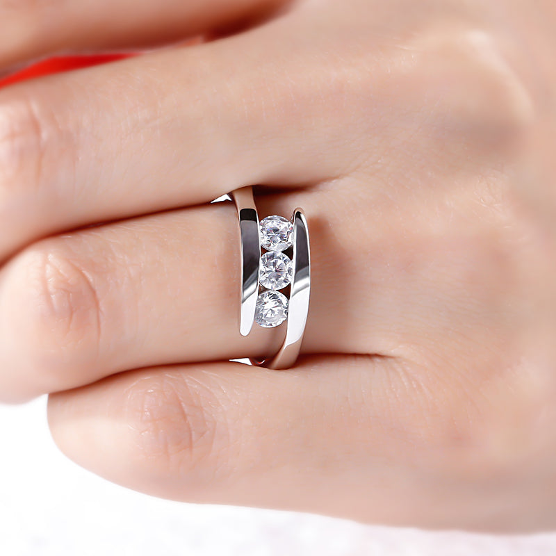 Tension Three Stone Round Cut Sterling Silver Ring-JE-Juri Elle