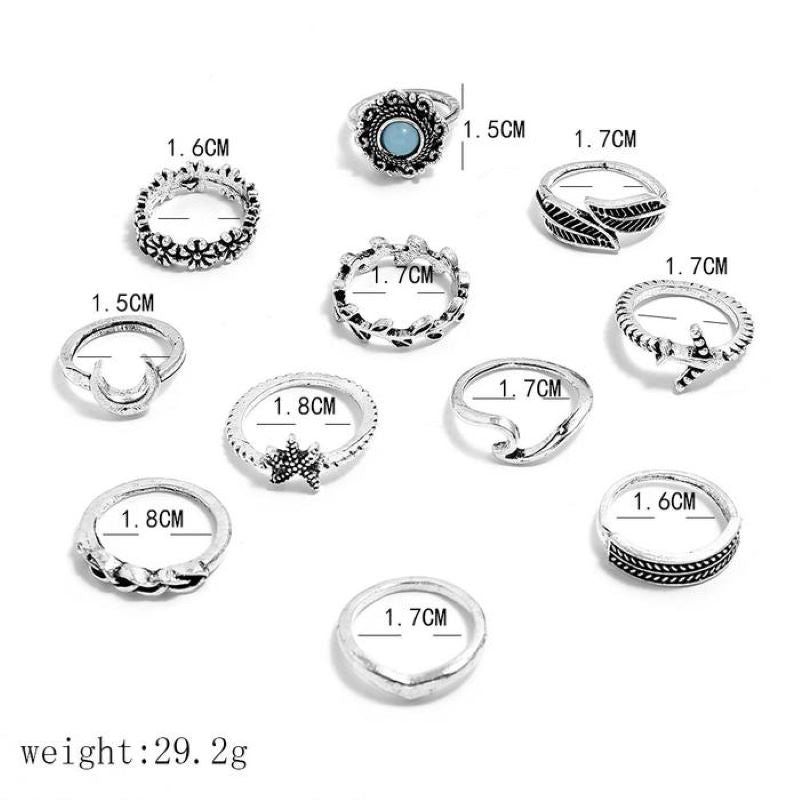 Bohemian Leaf Starfish Set Bague Ensemble 11 pièces