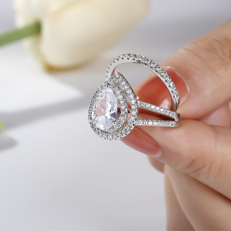 Double Halo Pear Cut Sterling Silver Ring Set-JE-Juri Elle
