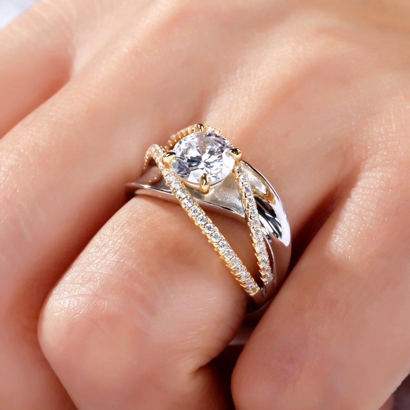 Two Tone Crossover Round Cut Sterling Silver Ring-JE-Juri Elle