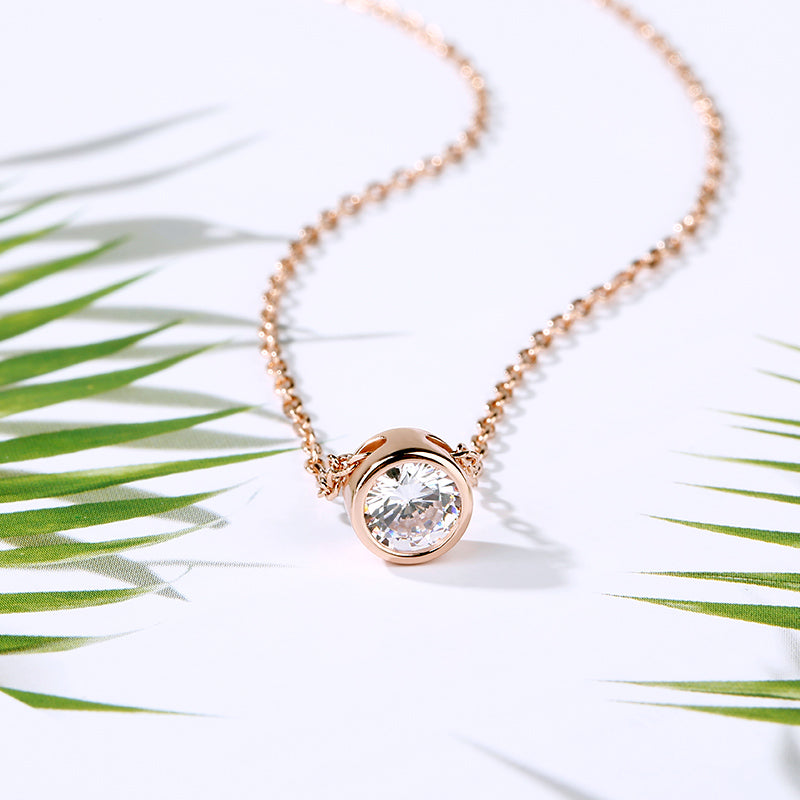 Simple Round Cut Stone Pendant Sterling Silver Necklace-JE-Juri Elle