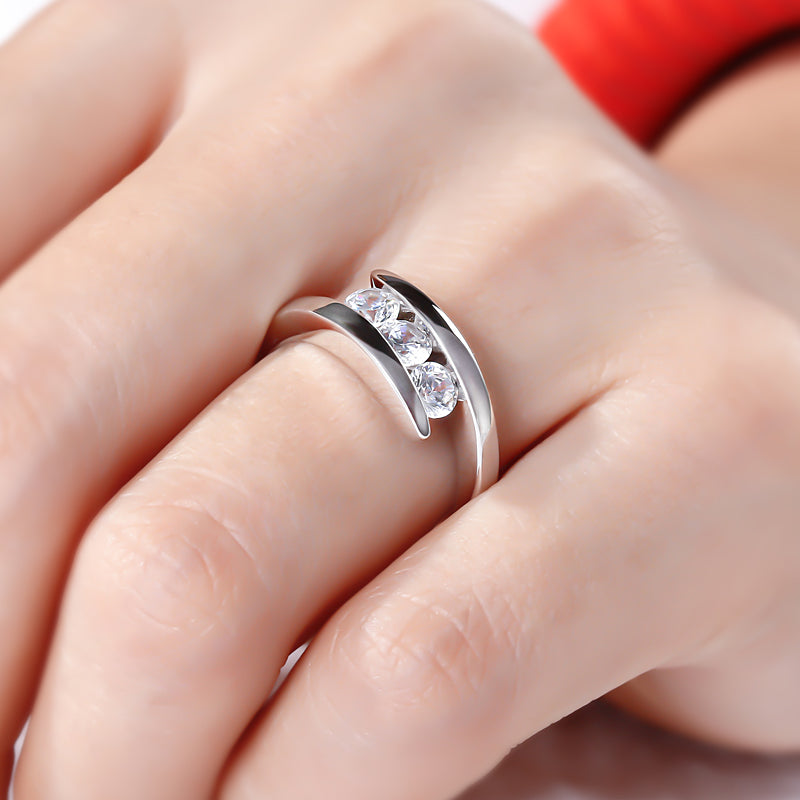 Tension Three Stone Round Cut Sterling Silver Ring-JE-Juri Elle