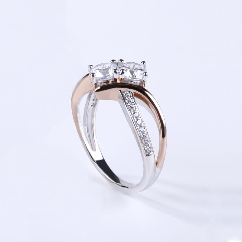 Two Stone Crossover Round Cut Sterling Silver Ring-JE-Juri Elle