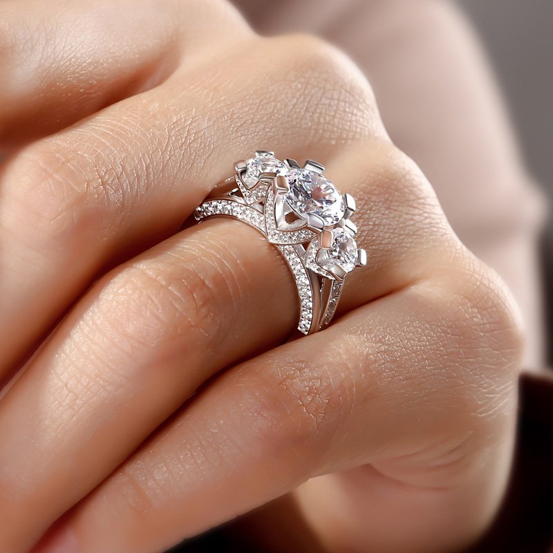 Three Side Pave Three Stone Round Cut Sterling Silver Ring-JE-Juri Elle