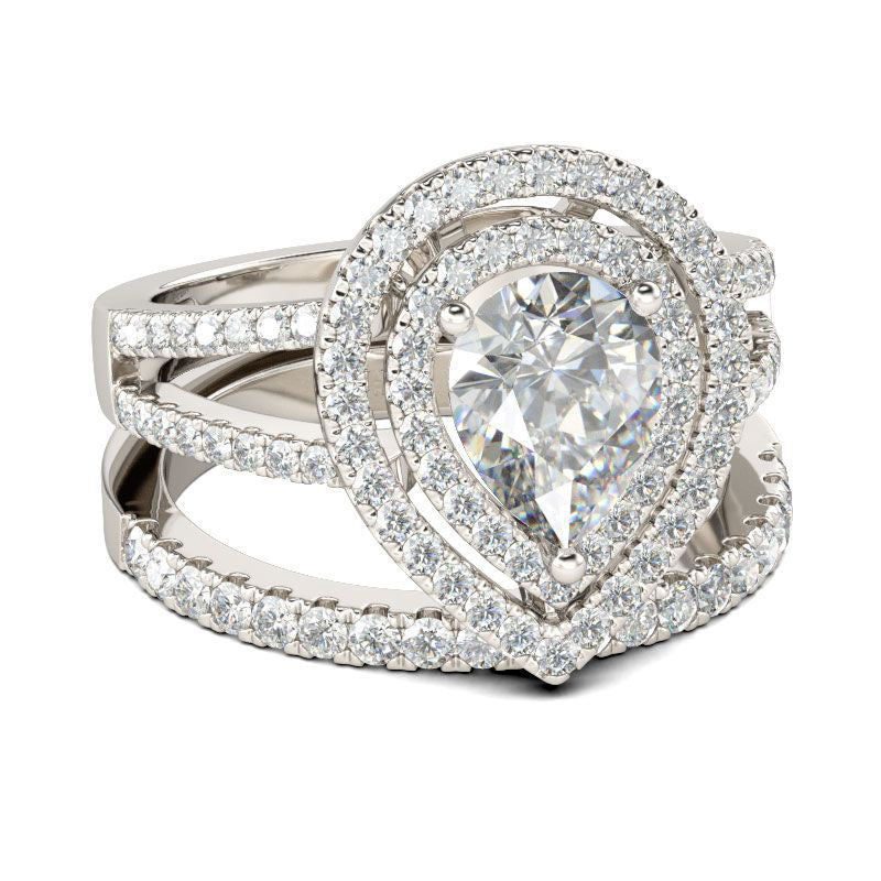 Double Halo Pear Cut Sterling Silver Ring Set-JE-Juri Elle