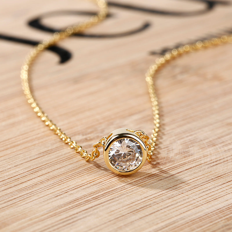 Simple Round Cut Stone Pendant Sterling Silver Necklace-JE-Juri Elle