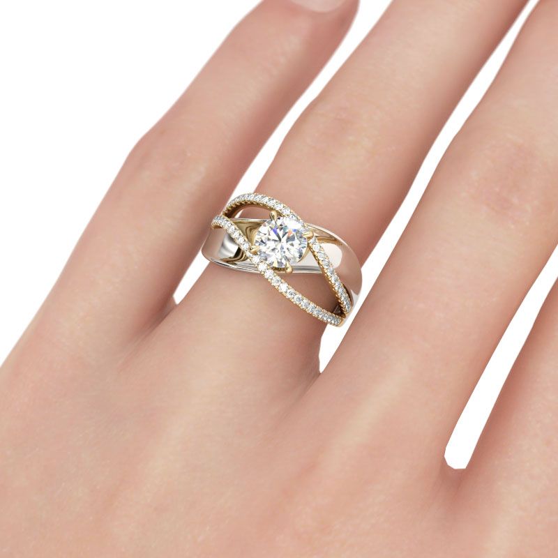 Two Tone Crossover Round Cut Sterling Silver Ring-JE-Juri Elle