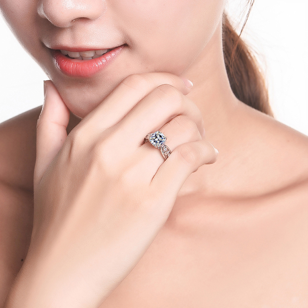 Flower Cushion Cut Sterling Silver Ring-ZX-Juri Elle