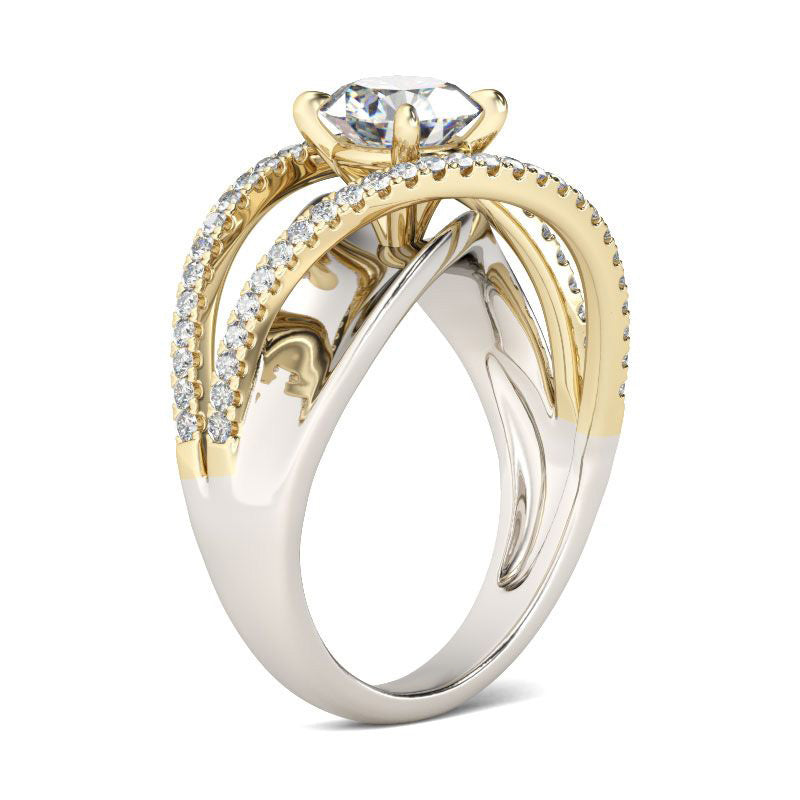 Two Tone Crossover Round Cut Sterling Silver Ring-JE-Juri Elle