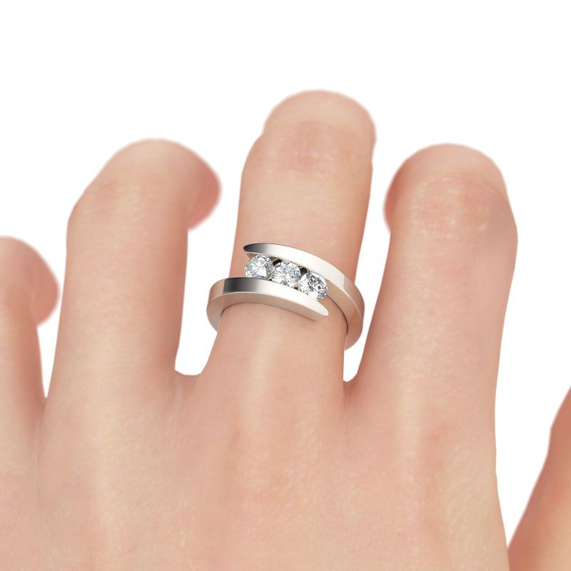 Tension Three Stone Round Cut Sterling Silver Ring-JE-Juri Elle