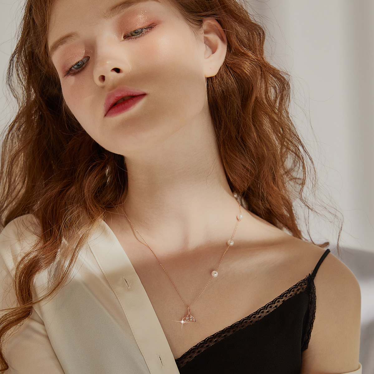 Mermaid Tail Pearls Round Cut Plated 14K Rose Gold Necklace