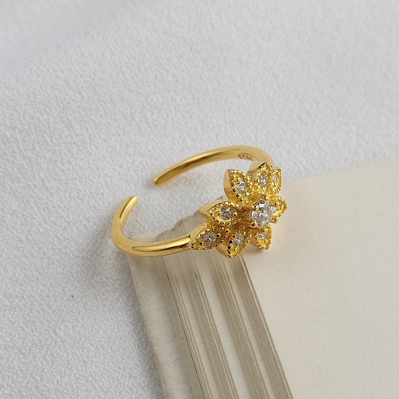 Flower Adjustable Round Cut Sterling Silver Plated Gold Ring