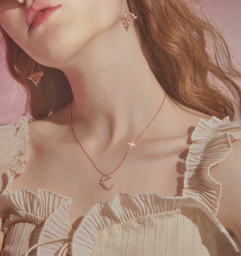 Moonlight Tune Round Princess Pear Marquise Cut Collier en argent sterling plaqué or rose 14 carats
