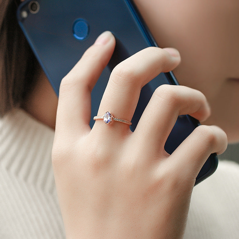 Single Tanzanite Sterling Silver Ring with side diamonds-DL-Juri Elle