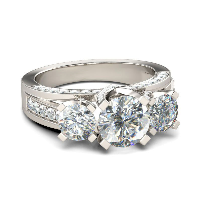 Three Side Pave Three Stone Round Cut Sterling Silver Ring-JE-Juri Elle