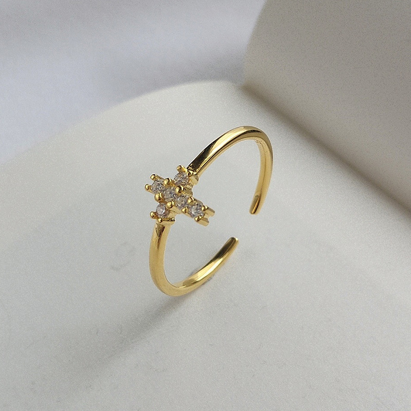Cross Stackable Round Cut Sterling Silver Plated Gold Ring