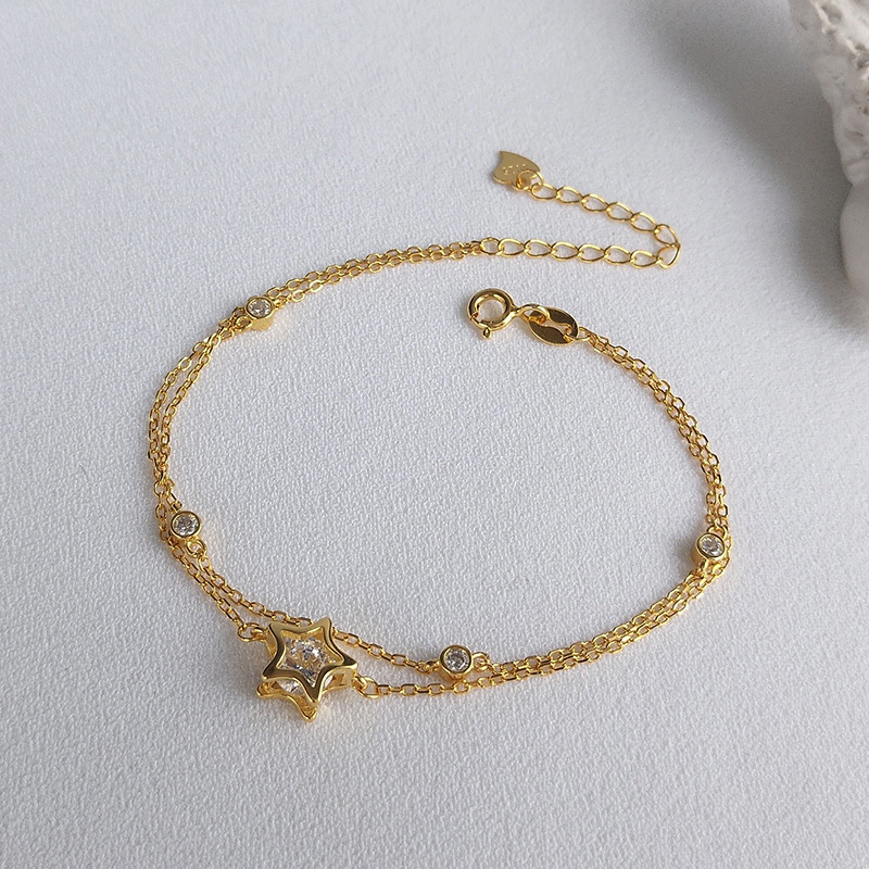 Pentagram Double Round Cut Sterling Silver Plated Gold Bracelet