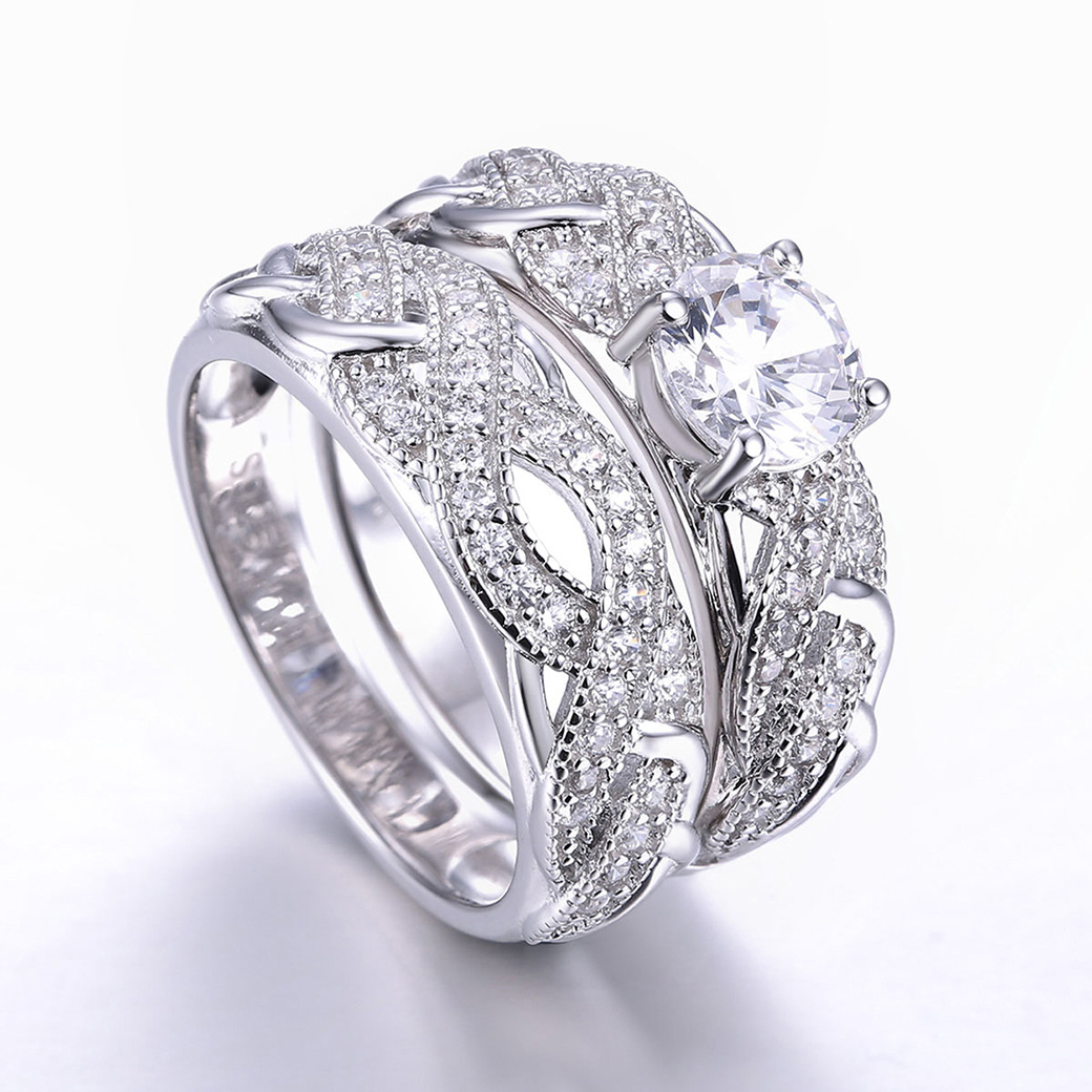 Vintage Round Cut Sterling Silver Ring Set-ZX-Juri Elle