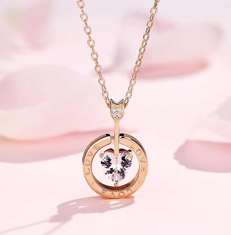 Cupid's Arrow Heart Cut Sterling Silver Plated 14K Rose Gold Necklace