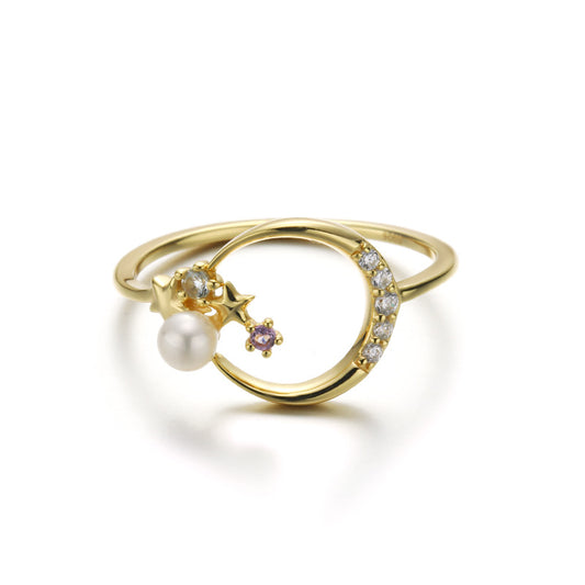 Stars And Moon Sterling Silver Ring With Pearl-DL-Juri Elle