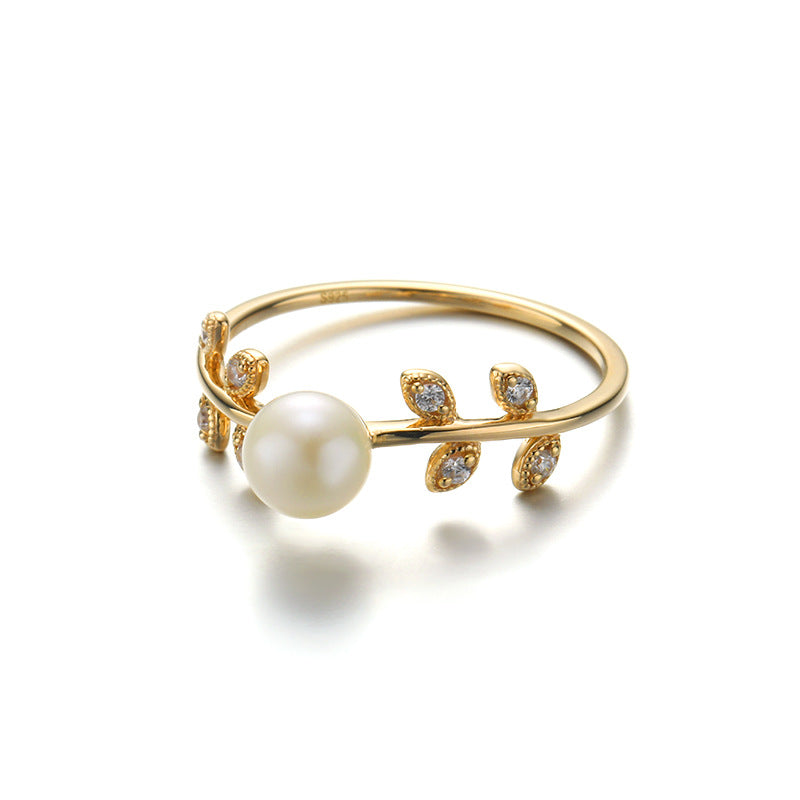 Leaf Shape Sterling Silver Ring With Pearl-DL-Juri Elle