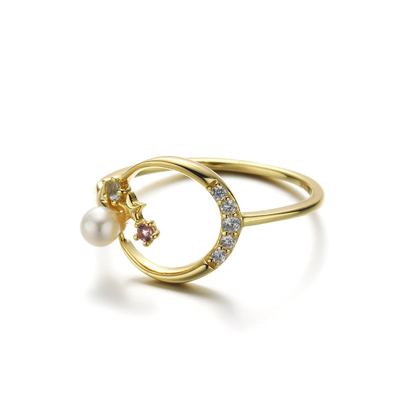 Stars And Moon Sterling Silver Ring With Pearl-DL-Juri Elle