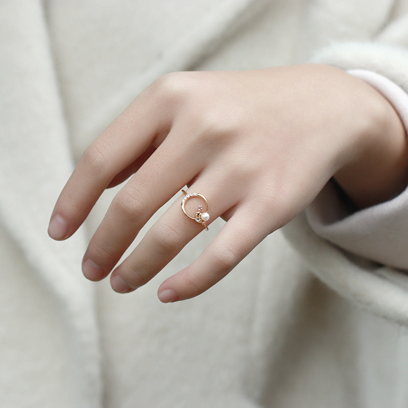 Stars And Moon Sterling Silver Ring With Pearl-DL-Juri Elle