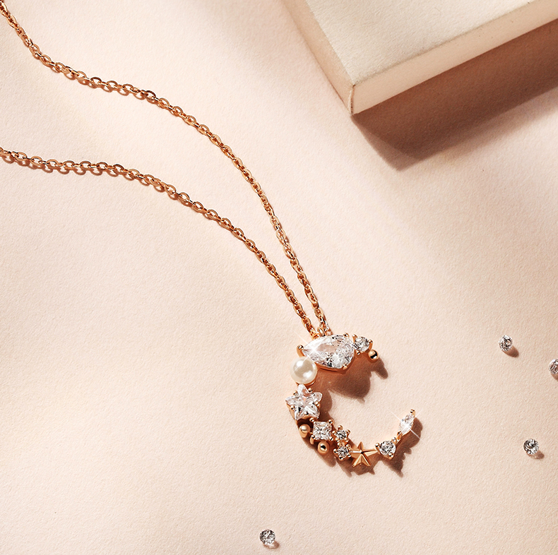 Moonlight Tune Round Princess Pear Marquise Cut Collier en argent sterling plaqué or rose 14 carats