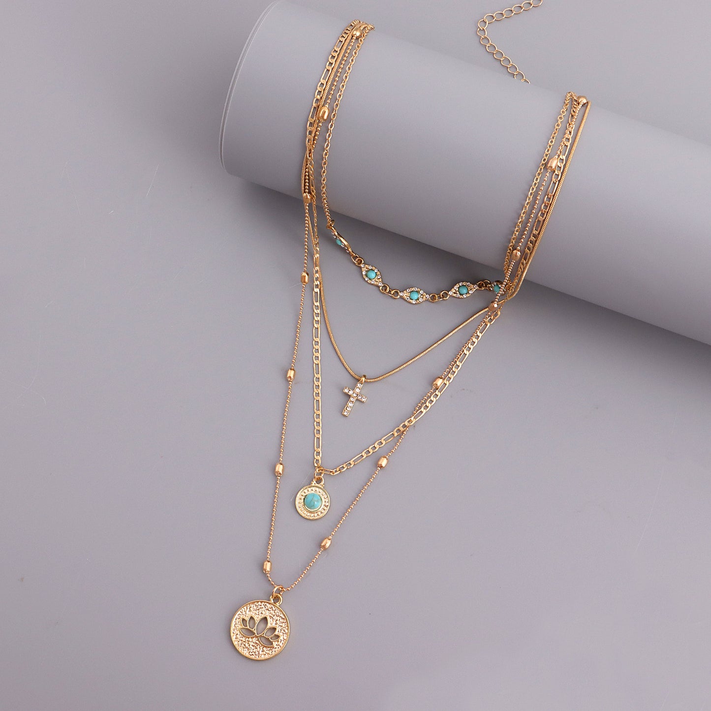 Bohemian Hollowed-out Flower Necklace With Diamond Cross