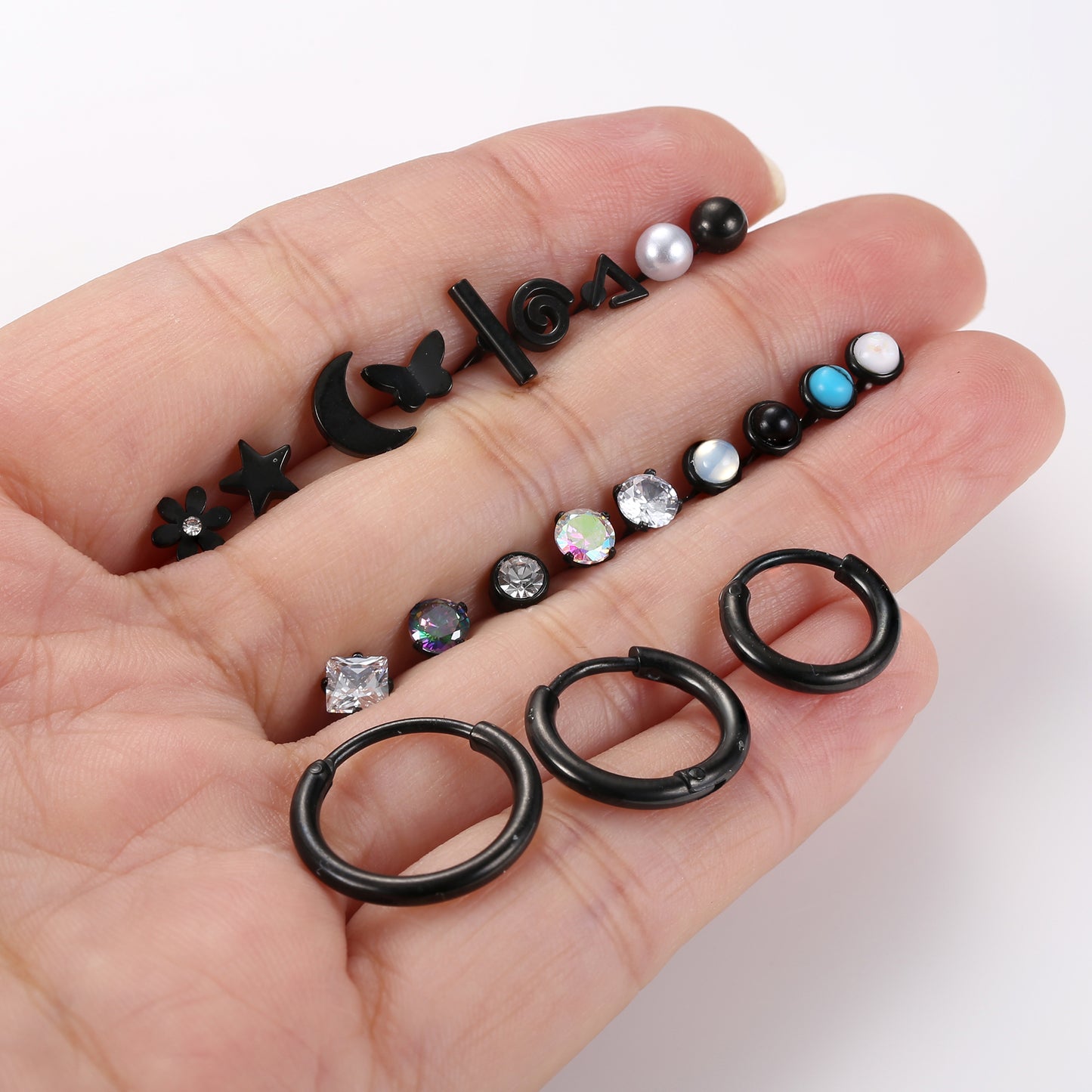 FIOROYAL 21Pairs Small Stud Earrings for Women Black Stud Earrings 20G Flat Back Earrings Screw Back Earrings Hoop Earrings for Cartilage Ears