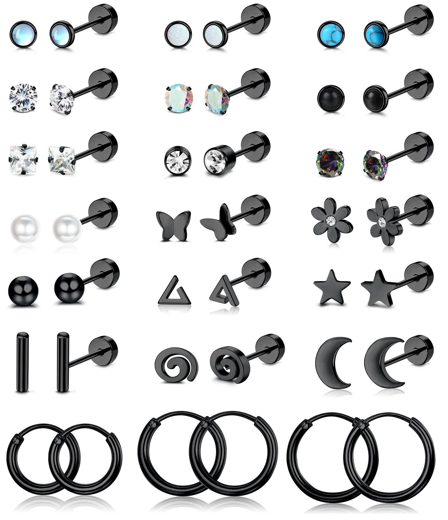 FIOROYAL 21Pairs Small Stud Earrings for Women Black Stud Earrings 20G Flat Back Earrings Screw Back Earrings Hoop Earrings for Cartilage Ears