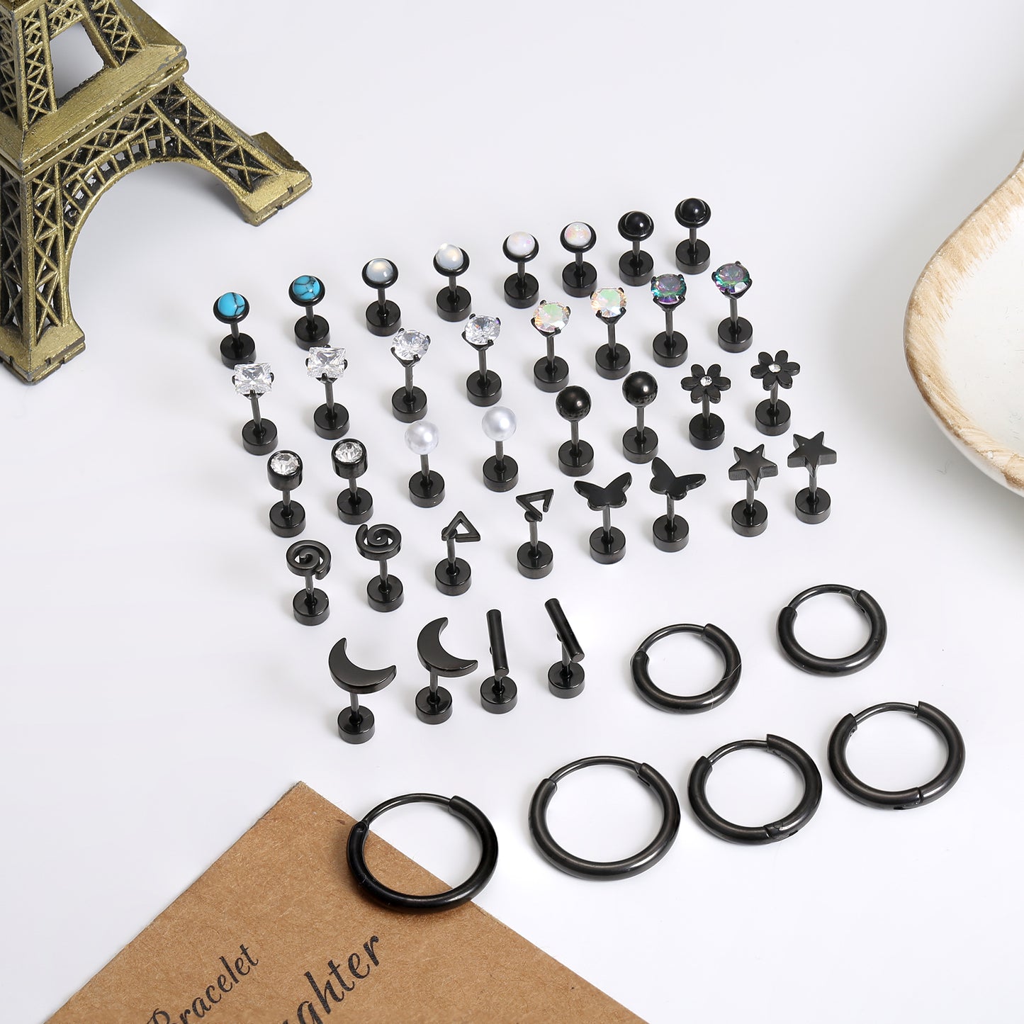FIOROYAL 21Pairs Small Stud Earrings for Women Black Stud Earrings 20G Flat Back Earrings Screw Back Earrings Hoop Earrings for Cartilage Ears