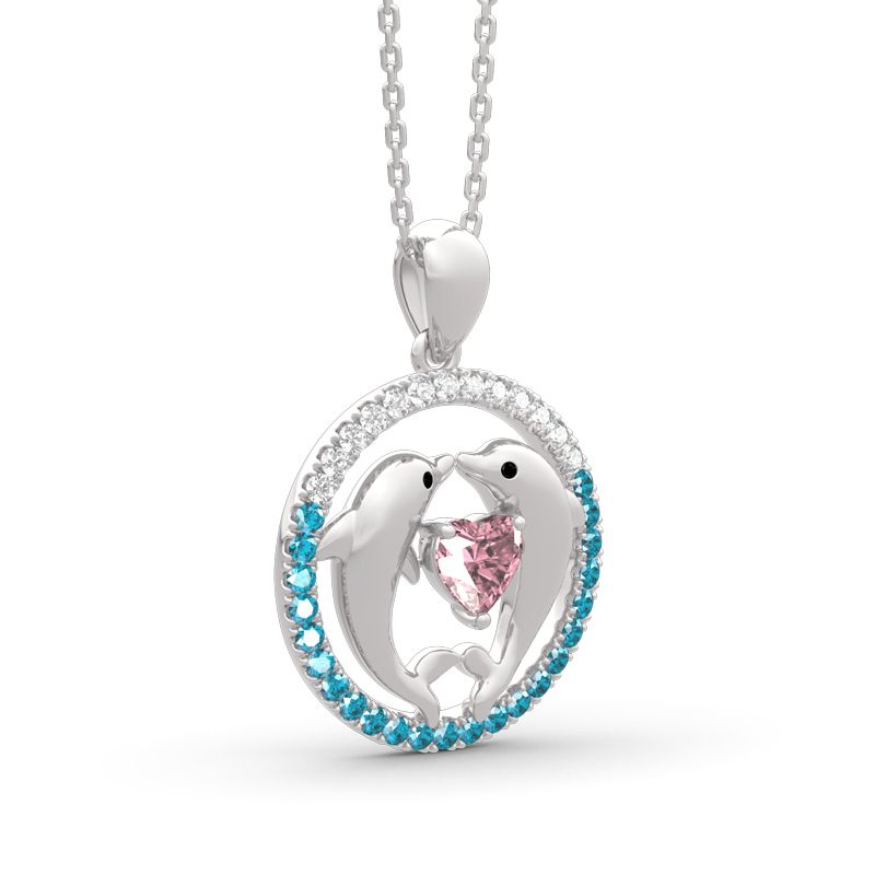 Two Dancing Dolphins Heart Cut Sterling Silver Necklace-JE-Juri Elle