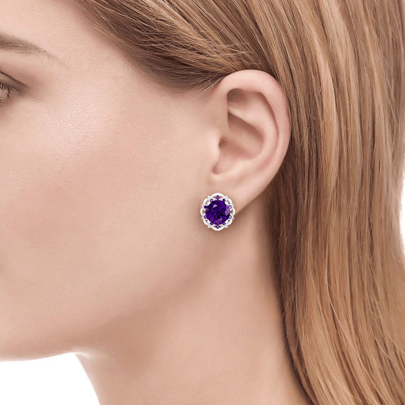 Amethyst Flower Round Cut Sterling Silver Stud Earrings-JE-Juri Elle