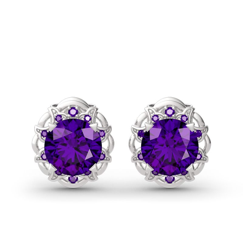 Amethyst Flower Round Cut Sterling Silver Stud Earrings-JE-Juri Elle