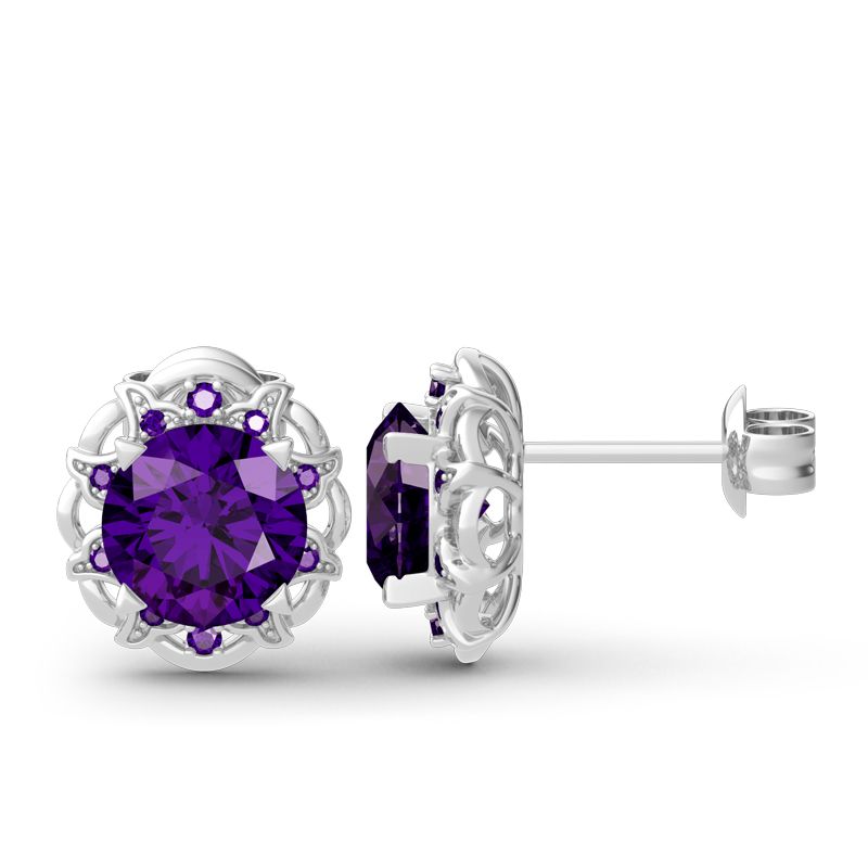 Amethyst Flower Round Cut Sterling Silver Stud Earrings-JE-Juri Elle