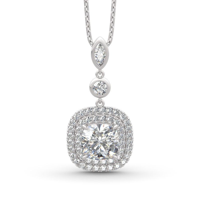 Double Halo Cushion Cut Sterling Silver Necklace-JE-Juri Elle