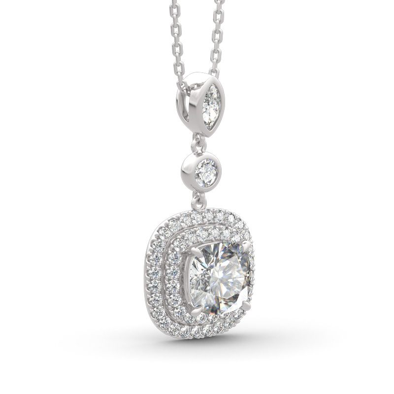 Double Halo Cushion Cut Sterling Silver Necklace-JE-Juri Elle