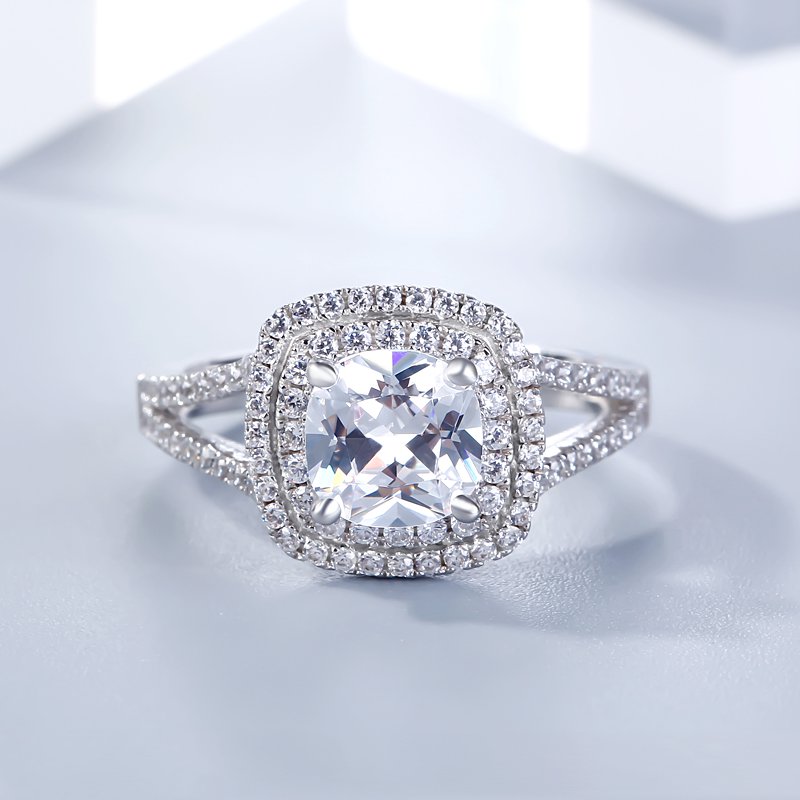 Halo Split Shank Cushion Cut Sterling Silver Engagement Ring-JE-Juri Elle