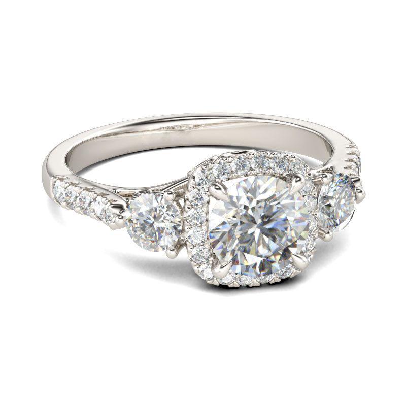 Three Stone Halo Round Cut Sterling Silver Ring-JE-Juri Elle