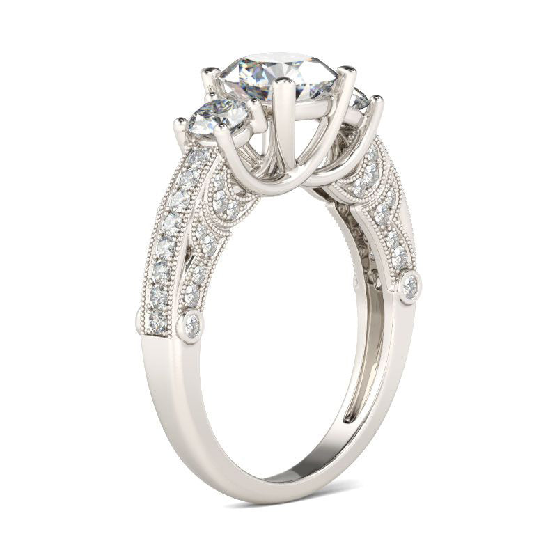 Milgrain Three Stone Round Cut Sterling Silver Ring-JE-Juri Elle