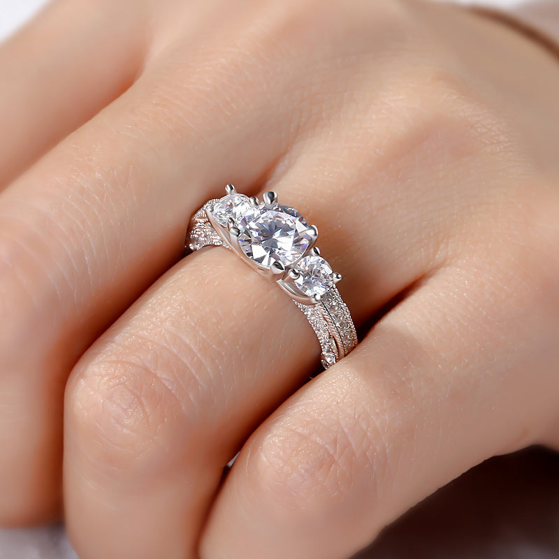 Milgrain Three Stone Round Cut Sterling Silver Ring-JE-Juri Elle