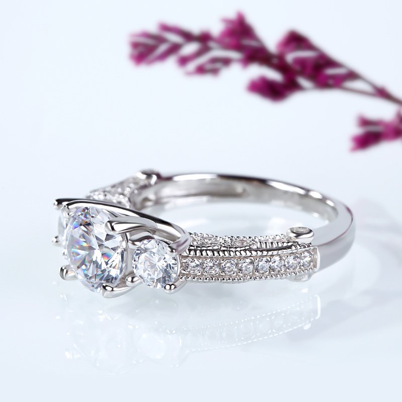 Milgrain Three Stone Round Cut Sterling Silver Ring-JE-Juri Elle