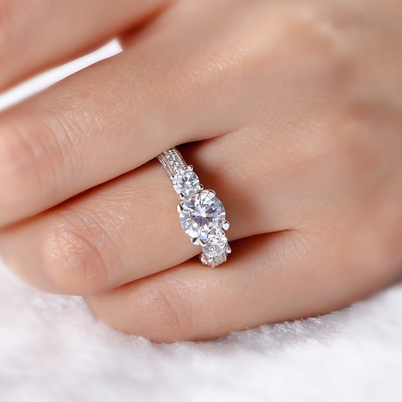Milgrain Three Stone Round Cut Sterling Silver Ring-JE-Juri Elle