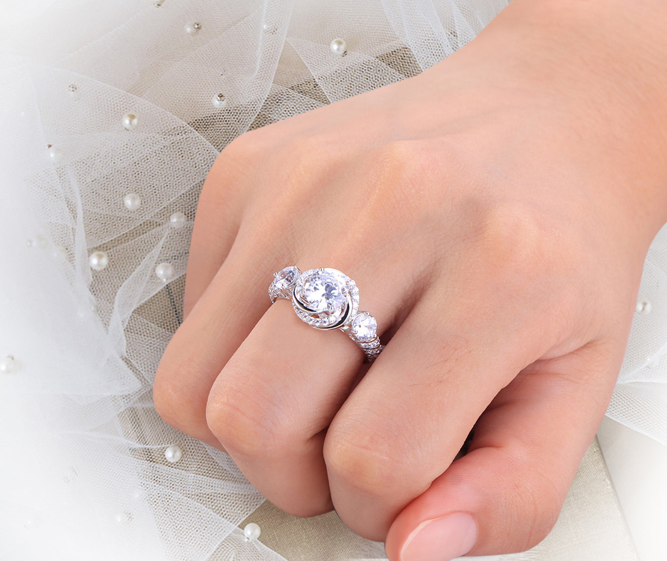 Floral Halo Round Cut Sterling Silver Ring
