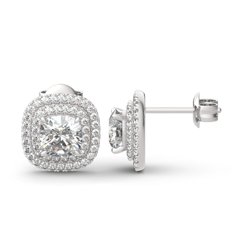 Double Halo Cushion Cut Sterling Silver Stud Earrings-JE-Juri Elle