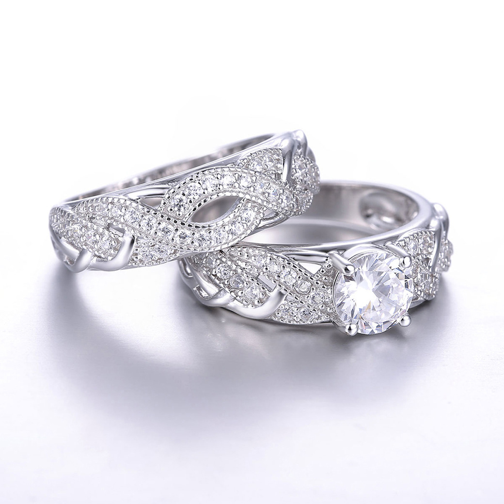Vintage Round Cut Sterling Silver Ring Set-ZX-Juri Elle