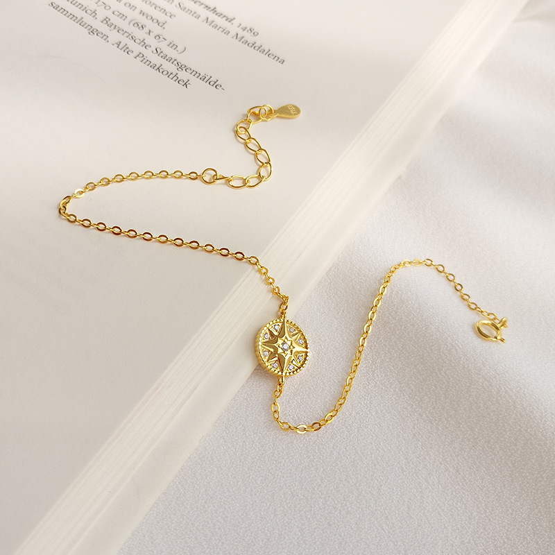 Eight-pointed Star Compass Round Cut Sterling Silver Plated Gold Bracelet