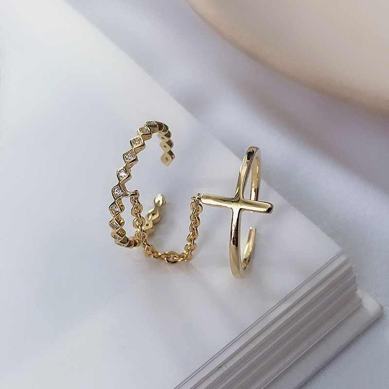 Cross Chain Round Cut Sterling Silver Plated Gold Ring