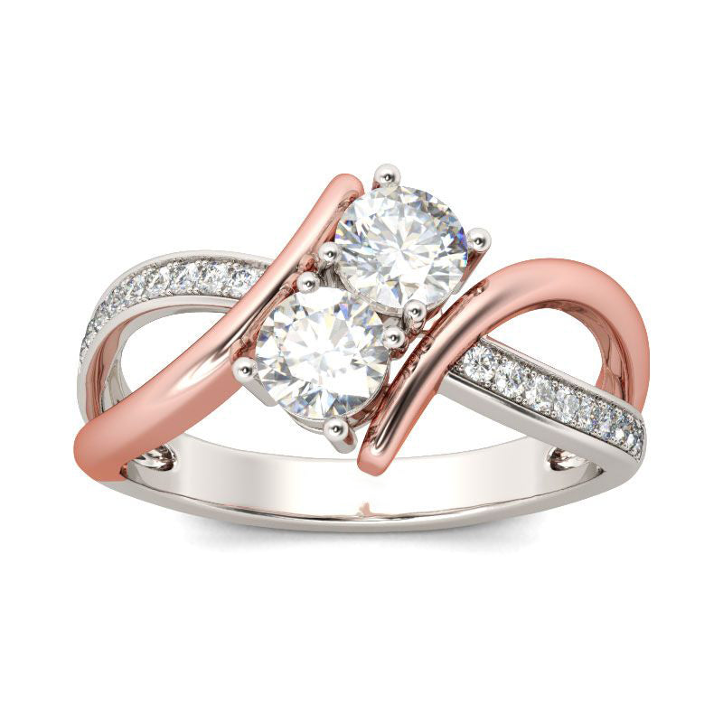 Two Stone Crossover Round Cut Sterling Silver Ring-JE-Juri Elle